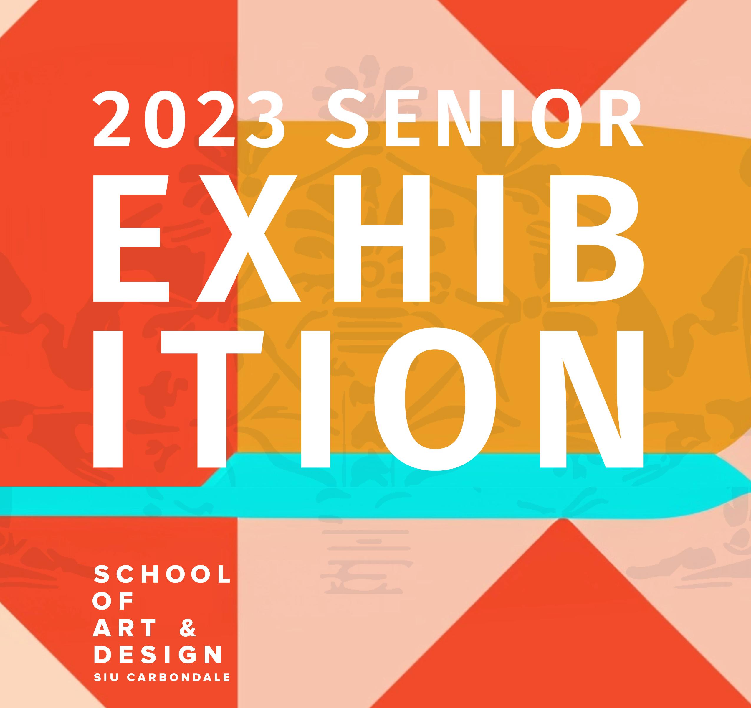 graphic text reads 2023 senior exhibition on a illustration of a red and peach quilt