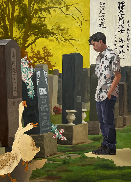painting of a man looking at a grave